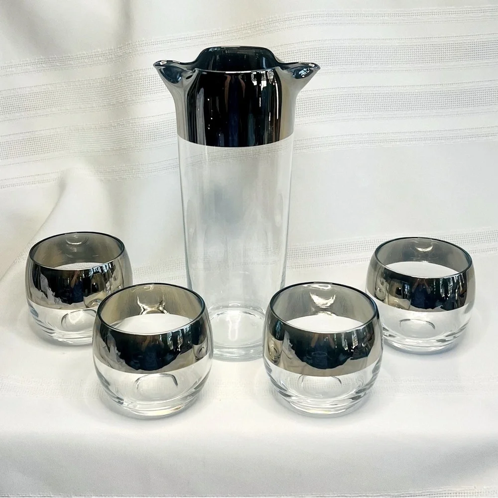 Cocktail Set Dorothy‎ Thorpe Silver Overlay Pitcher Roly Poly Glasses 1947-1963